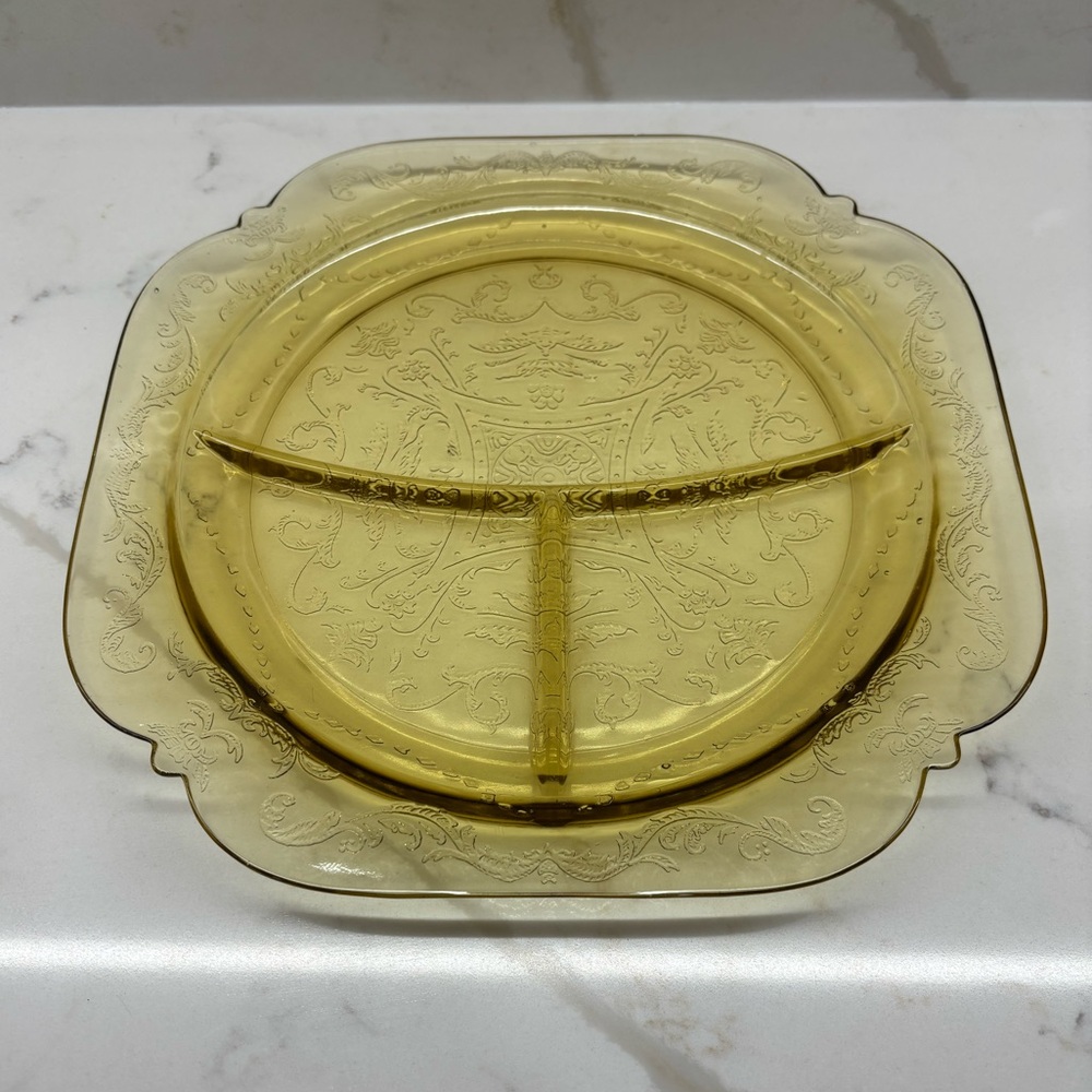 Federal Glass Madrid Amber Depression Glass Square Divided Serving Plate Antique